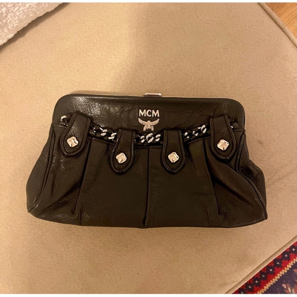 MCM Black Leather Clutch Handbag with slight studded detailing and front pocket